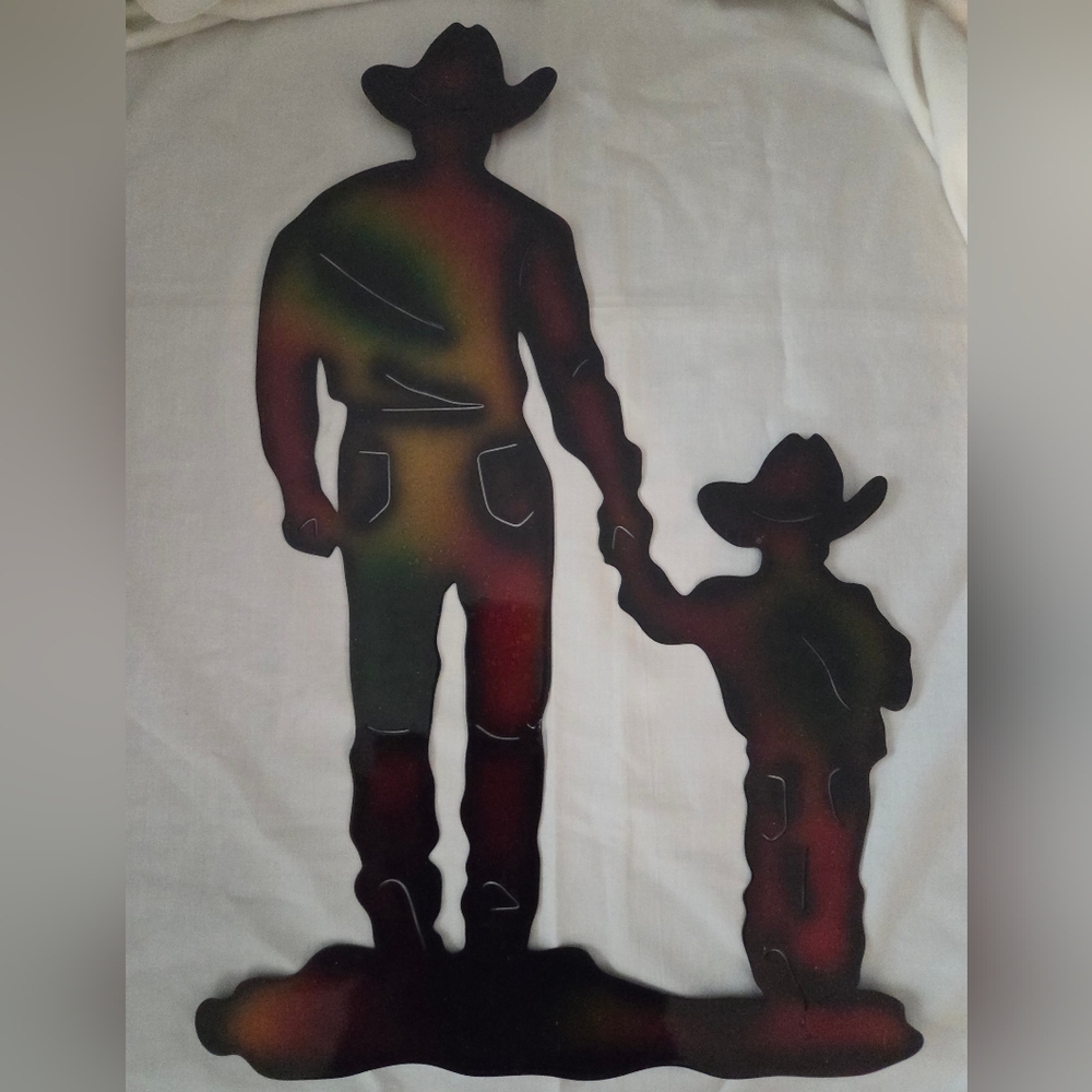 Metal Cowboy With Son Silhouette Wall Decor Rustic Western Accent 17 x 11.25 in